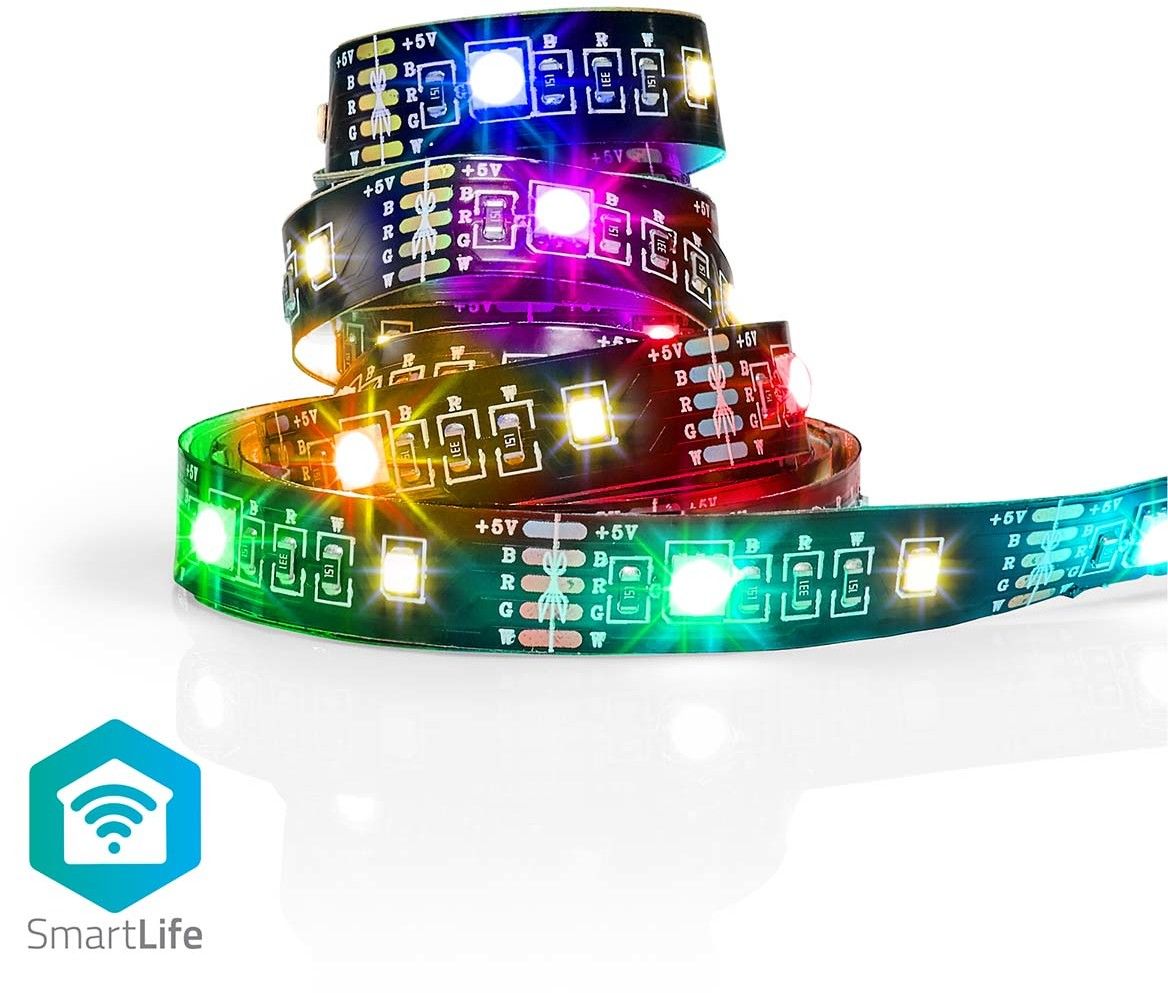 SmartLife LED-lysbånd 2 m RGB lyser i hvid, blå, grøn og rød; SmartLife-logoet med Wi-Fi-symbolet vises.