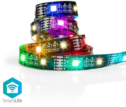 SmartLife LED-lysbånd 2 m RGB lyser i hvid, blå, grøn og rød; SmartLife-logoet med Wi-Fi-symbolet vises.