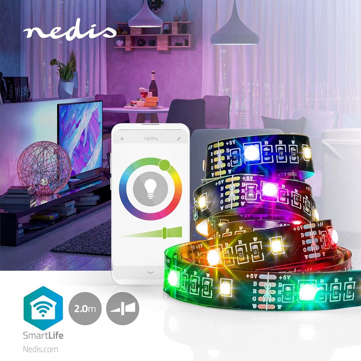 NEDIS SmartLife LED-lysbånd 2 m RGB Bluetooth, der monteres ved TV’et, styres via smartphone med Nedis-appen.