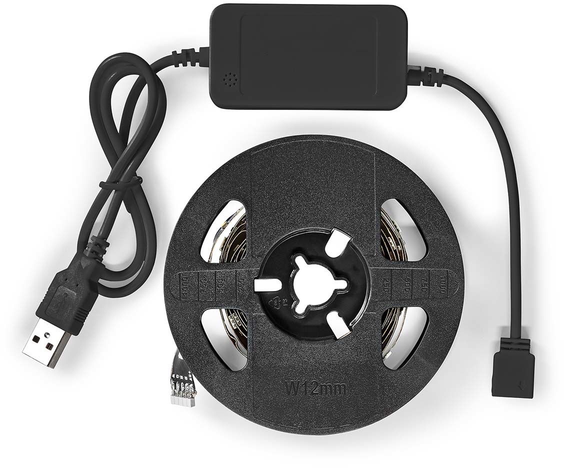 NEDIS SmartLife LED-lysbånd 2 m RGB, sort kontrolmodul, USB-stik, Bluetooth-styring.