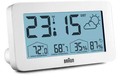 Digitalt radiostyret vækkeur viser kl. 23:15, indetemperatur 72 °F, udetemperatur 68,7 °F, luftfugtighed og vejrikoner.