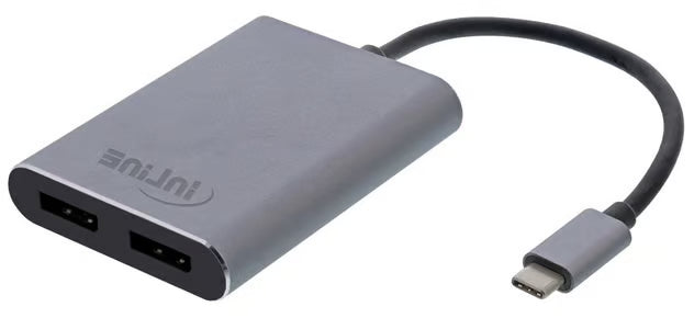 USB-C til dual DisplayPort-adapter, grå, kort sort kabel, to DisplayPort-porte, understøtter 4K MST, AV-Cables.dk-logo.