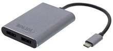 USB-C til dual DisplayPort-adapter, grå, kort sort kabel, to DisplayPort-porte, understøtter 4K MST, AV-Cables.dk-logo.