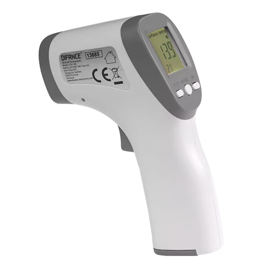 DENVER kontaktfrit infrarødt termometer med gråt display, temperaturvisning, CE-mærke og lovpligtige symboler.