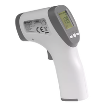 DENVER kontaktfrit infrarødt termometer med gråt display, temperaturvisning, CE-mærke og lovpligtige symboler.
