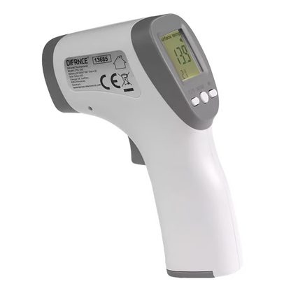 DENVER kontaktfrit infrarødt termometer med gråt display, temperaturvisning, CE-mærke og lovpligtige symboler.