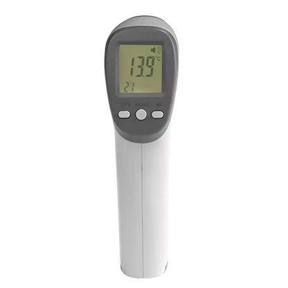 DENVER infrarødt kontaktfrit termometer med digitalt display, viser 13,9 °C og har tre betjeningsknapper under skærmen.