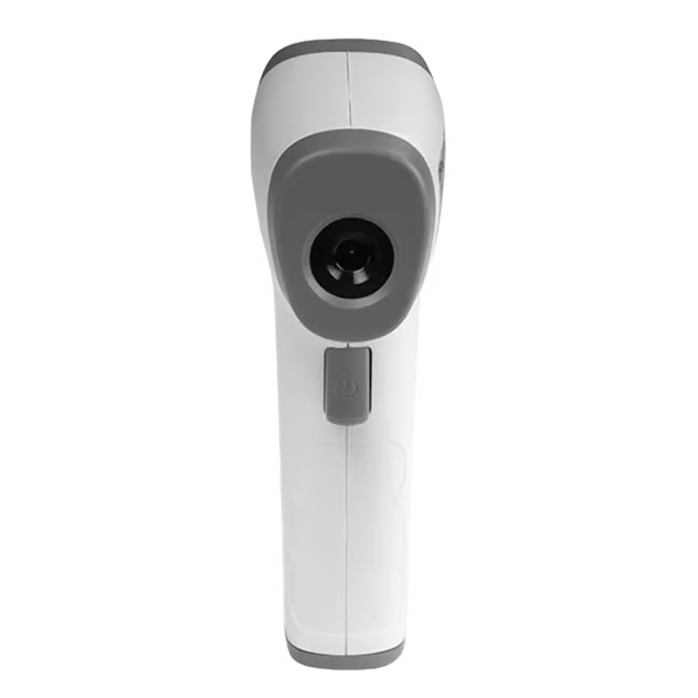 Denver infrarødt kontaktfrit termometer med hvide og grå detaljer, opretstående model med skærmen vendt fremad.
