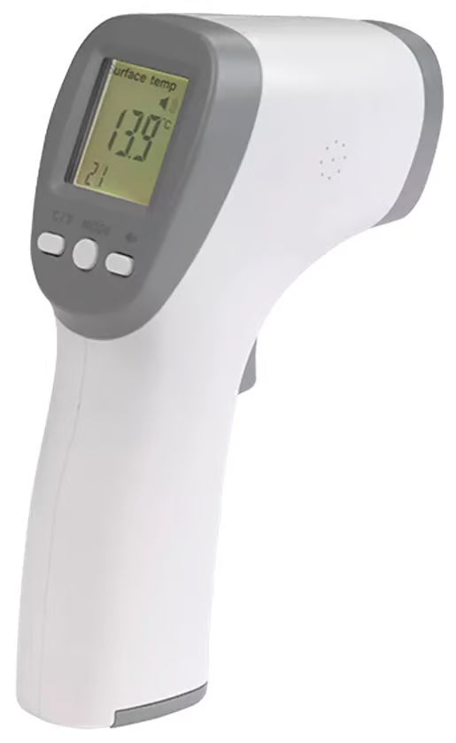 DENVER infrarødt kontaktfrit termometer med LCD-skærm viser 13,9 °C, set fra en vinkel.