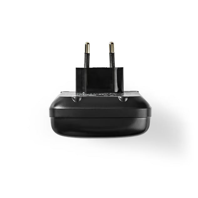 Universel batterioplader til AA-, AAA- og 9V-batterier med to runde stik, kompatibel med NiMH- og NiCd-batterier.