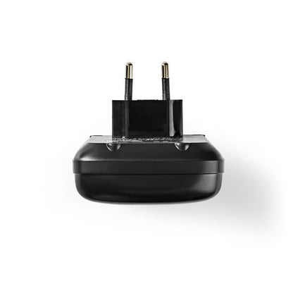 Universel batterioplader til AA-, AAA- og 9V-batterier med to runde stik, kompatibel med NiMH- og NiCd-batterier.