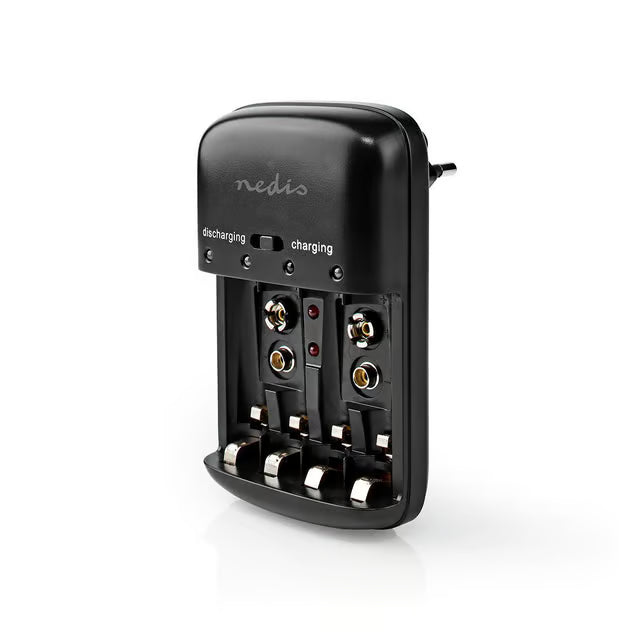 Universel batterioplader til AA-, AAA- og 9V-NiMH/NiCd-batterier med opladnings- og afladningsindikatorer samt tre batteriholdere.