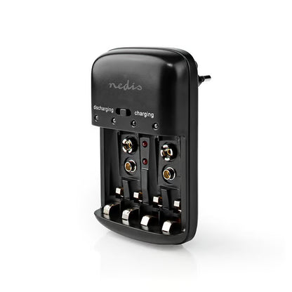 Universel batterioplader til AA-, AAA- og 9V-NiMH/NiCd-batterier med opladnings- og afladningsindikatorer samt tre batteriholdere.