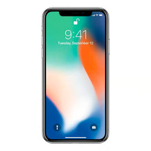Apple iPhone X 64 GB sølv, brugt, klasse B; låseskærmen viser kl. 9:41, den 12. september samt ikoner for lås, lommelygte og kamera.