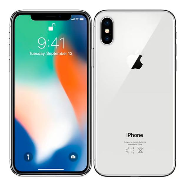 Apple iPhone X 64 GB sølv, klasse B, brugt, forside med 9:41 og 12. september, bagside med Apple-logo, dobbeltkamera og iPhone-logo.