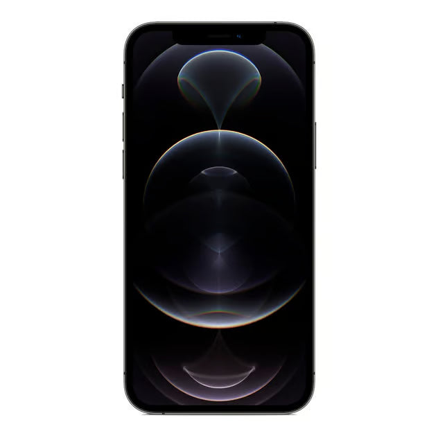 Apple iPhone 12 Pro 256 GB, brugt, klasse B, granitgrå, med mørkt, abstrakt baggrundsbillede og buede lysreflekser.