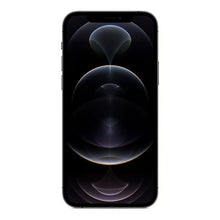 Apple iPhone 12 Pro 256 GB, brugt, klasse B, granitgrå, med mørkt, abstrakt baggrundsbillede og buede lysreflekser.
