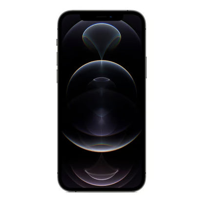 Apple iPhone 12 Pro 256 GB, brugt, klasse B, granitgrå, med mørkt, abstrakt baggrundsbillede og buede lysreflekser.