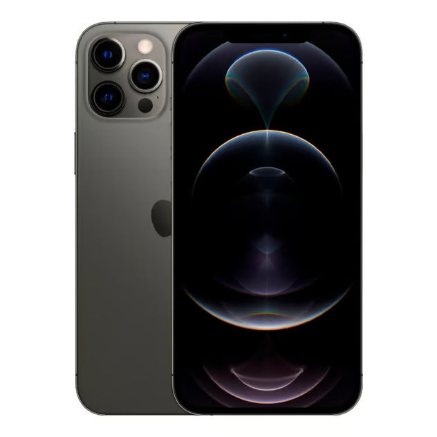 Apple iPhone 12 Pro, brugt, 256 GB, granitgrå, klasse B, med tre bagkameraer og mørkt, abstrakt skærmdesign foran og bagpå.