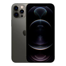 Apple iPhone 12 Pro, brugt, 256 GB, granitgrå, klasse B, med tre bagkameraer og mørkt, abstrakt skærmdesign foran og bagpå.