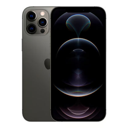 Apple iPhone 12 Pro, brugt, 256 GB, granitgrå, klasse B, med tre bagkameraer og mørkt, abstrakt skærmdesign foran og bagpå.