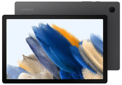Samsung Galaxy Tab A8 10,5″ WiFi 32 GB, forside med farverig skærm, bagside i mørkegrå med kamera.