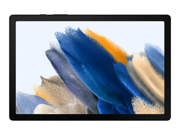 Samsung Galaxy Tab A8 10,5″ WiFi 32 GB mørkegrå med en skærm, der viser abstrakte blå, beige, guld og grå penselstrøg.