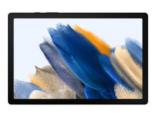 Samsung Galaxy Tab A8 10,5″ WiFi 32 GB mørkegrå med en skærm, der viser abstrakte blå, beige, guld og grå penselstrøg.