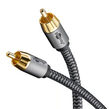 GOOBAY Plus mono phono/RCA-kabel, 2 meter, gråt med sort/gråt flettet kabel, logo på kablet.