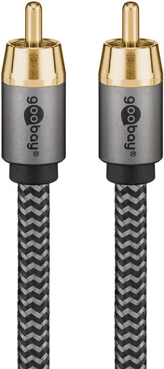 GOOBAY Plus mono phono/RCA-kabel, 2 m, gråt, med to forgyldte RCA-hanstik med gråt og sort hus, flettet sort/gråt kabel.