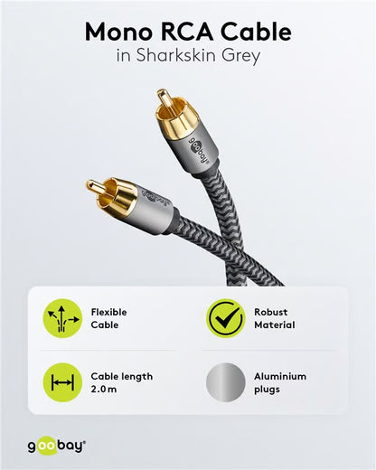 GOOBAY Plus mono phono/RCA-kabel, 2 m, gråt, med forgyldte aluminiumsstik og fleksibelt kabel.
