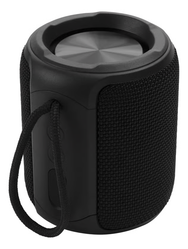 Streetz CM765 Bluetooth-højttaler, sort, TWS, 10 W, IPX7, struktureret mesh-front, metallisk top, bærehåndtag.