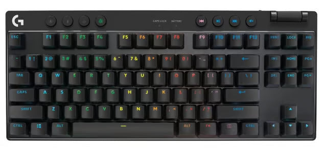 Logitech G Pro X TKL trådløst mekanisk gamingtastatur i sort med RGB-baggrundsbelyste taster, medieknapper og lydstyrkehjul.