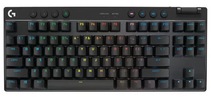 Logitech G Pro X TKL trådløst mekanisk gamingtastatur i sort med RGB-baggrundsbelyste taster, medieknapper og lydstyrkehjul.