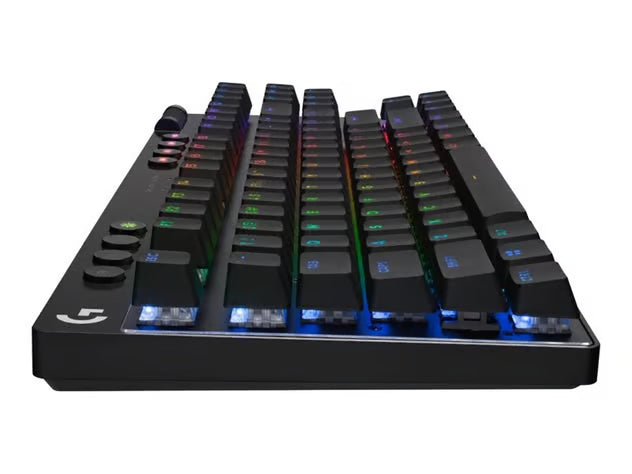 Logitech G Pro X TKL trådløst mekanisk gamingtastatur i sort med RGB-belysning, forhøjede taster og ekstra kontrolknapper på venstre side.
