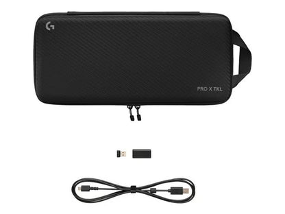 LOGITECH G Pro X TKL trådløst, sort, mekanisk gamingtastatur med etui, USB-dongle og USB-kabel.