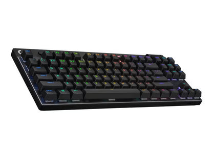Logitech G Pro X TKL – trådløst, sort, mekanisk gaming-tastatur med RGB-belysning, kompakt design uden numerisk tastatur.