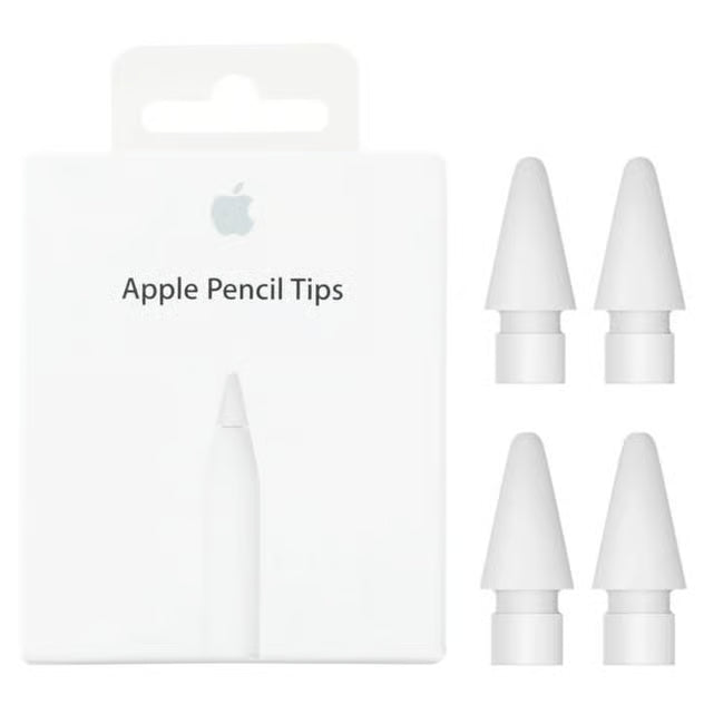 Apple Pencil-reservedele – 4-pak med APPLE-logo, fire originale spidser vist ved siden af æsken.