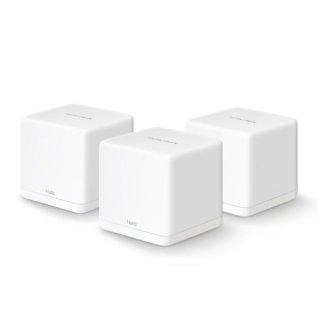 MERCUSYS Halo H30G AC1300 Mesh WiFi-system, tre hvide, kubformede enheder med Halo-logoet på forsiden.