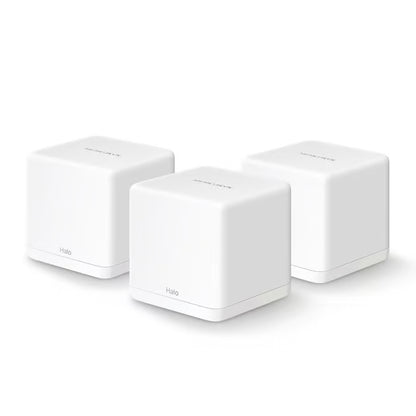 MERCUSYS Halo H30G AC1300 Mesh WiFi-system, tre hvide, kubformede enheder med Halo-logoet på forsiden.