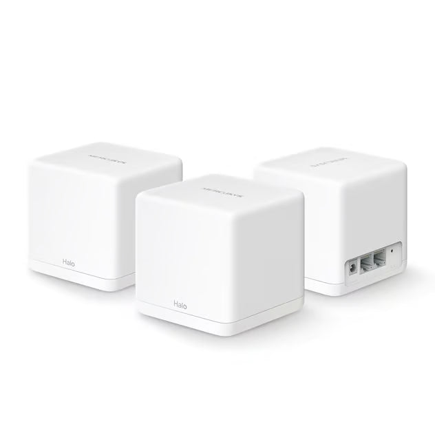 MERCUSYS Halo H30G AC1300 hvidt mesh-WiFi-system, tre enheder, én med Ethernet-porte, synligt brandnavn.