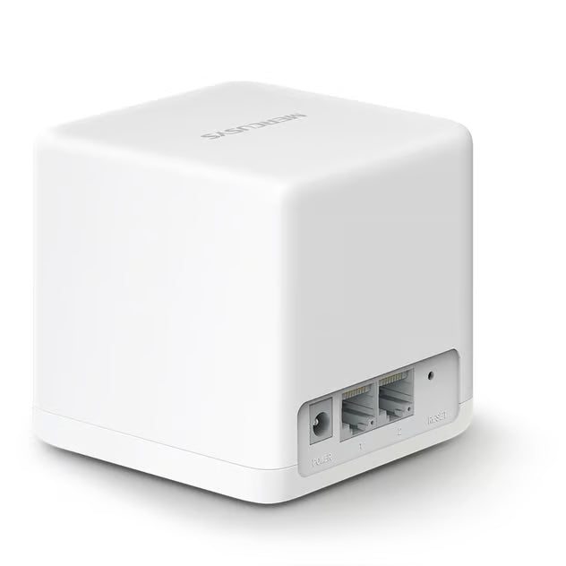 MERCUSYS Halo H30G AC1300 Mesh-WiFi-system, hvid, kubeformet, med to Ethernet-porte og en strømport på bagsiden.
