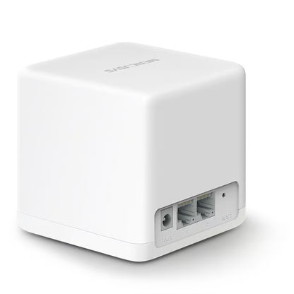 MERCUSYS Halo H30G AC1300 Mesh-WiFi-system, hvid, kubeformet, med to Ethernet-porte og en strømport på bagsiden.