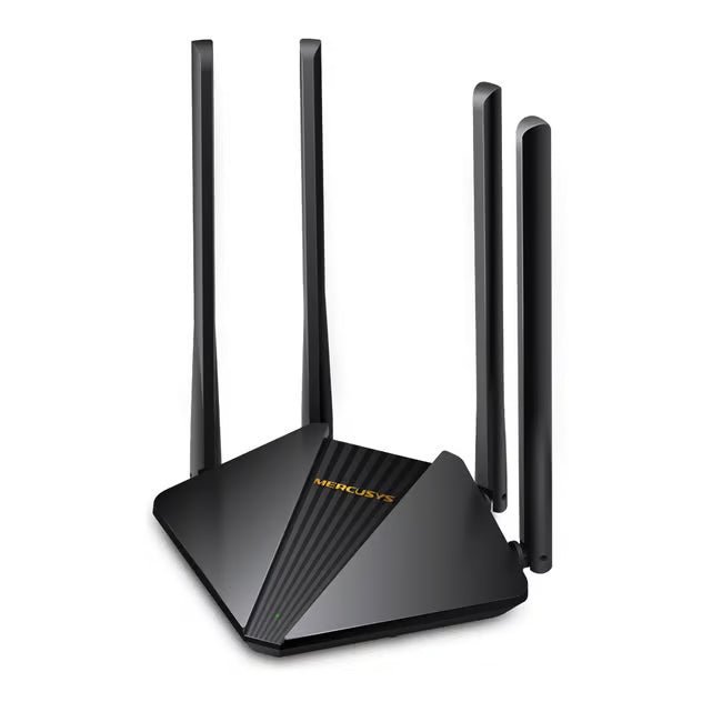 Mercusys MR30G sort AC1200 dual-band gigabit-router med fire antenner og MERCUSYS-logo i guld, MU-MIMO, trådløs.