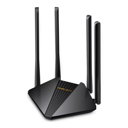 Mercusys MR30G sort AC1200 dual-band gigabit-router med fire antenner og MERCUSYS-logo i guld, MU-MIMO, trådløs.