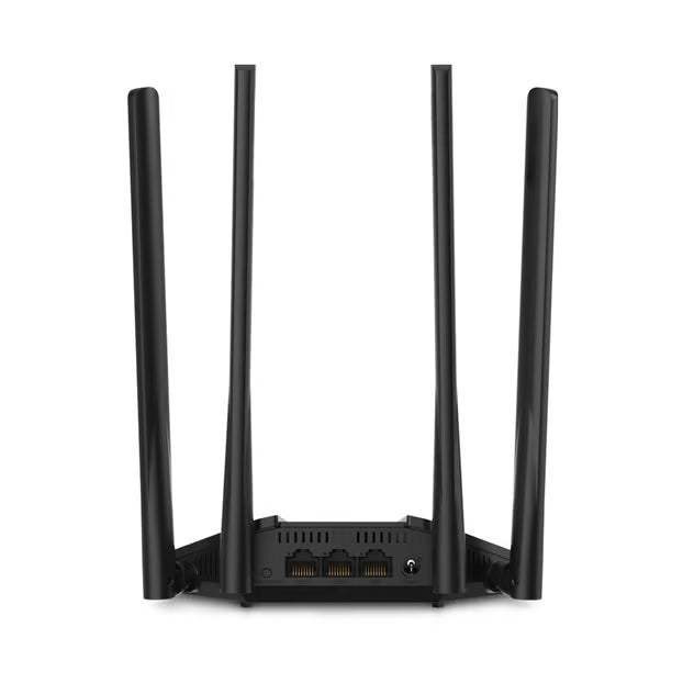 MERCUSYS MR30G AC1200 sort dualband-gigabit-router med 4 antenner, set bagfra med Ethernet-porte, strømstik og reset-knap.