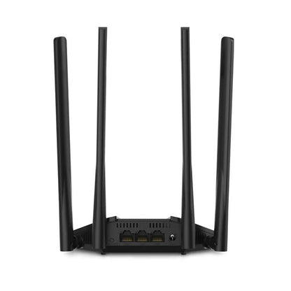 MERCUSYS MR30G AC1200 sort dualband-gigabit-router med 4 antenner, set bagfra med Ethernet-porte, strømstik og reset-knap.
