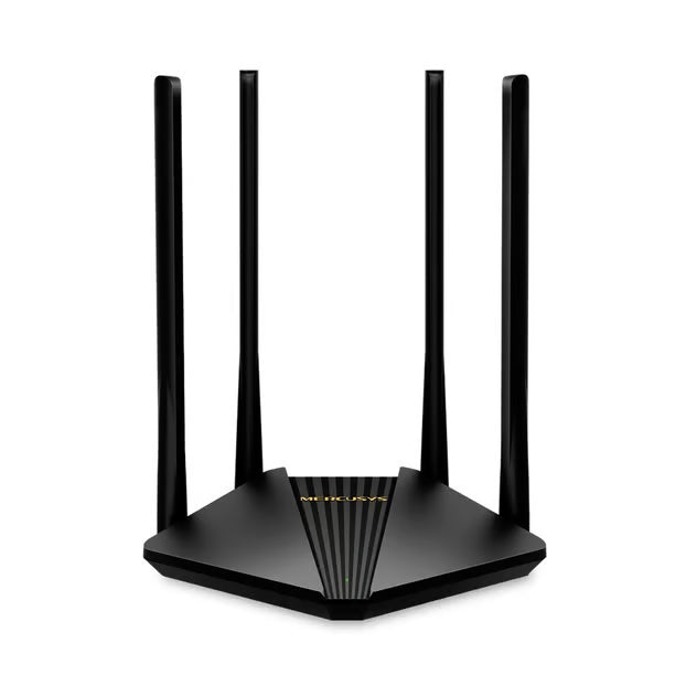 MERCUSYS MR30G sort AC1200 dual-band gigabit-router med fire lodrette antenner og MU-MIMO.