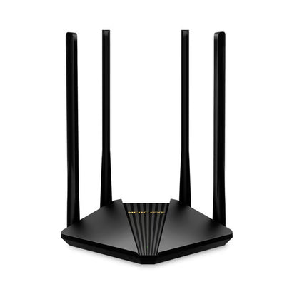 MERCUSYS MR30G sort AC1200 dual-band gigabit-router med fire lodrette antenner og MU-MIMO.