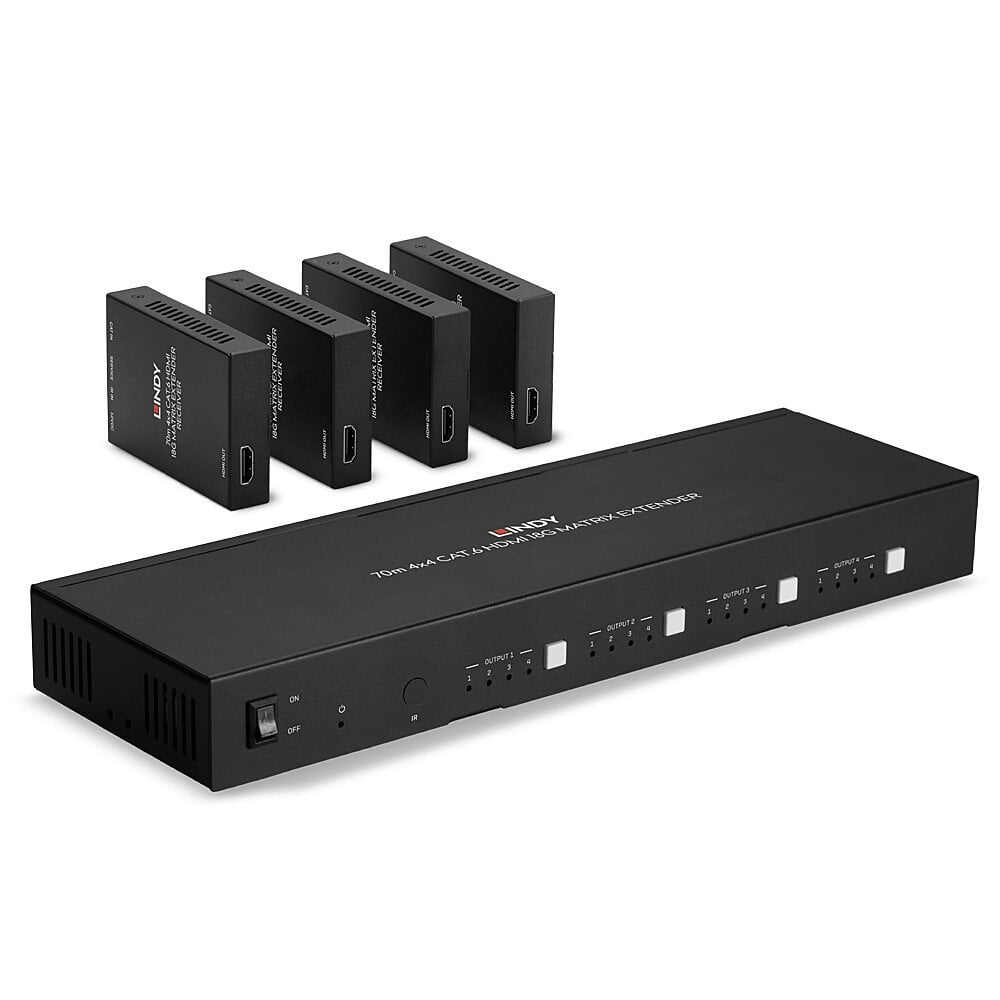 Cat 6 HDMI Matrix Extender 4K/60Hz 4x4 70m, fire slags HDMI Extender-modtagere, frontpanel med porte og knapper, HDMI 2.0.